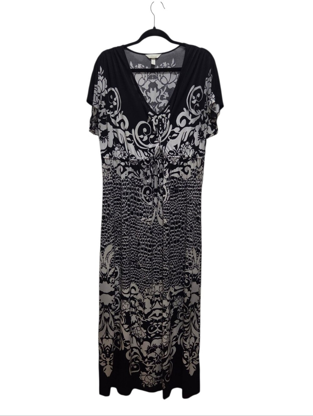 Soma XL Maxi Dress Black Ivory Floral Paisley Print Tie Waist Stretch Boho